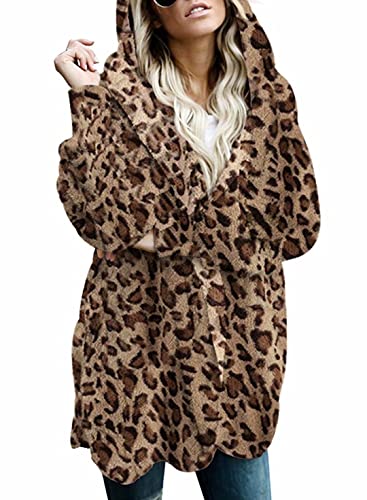 Dokotoo Womens Casual Leopard Print Open Front Long Sleeve Fluffy Fleece Winter Coats Jackets with Hoodies Pockets Cardigans Sweater Outerwear No Zipper XL