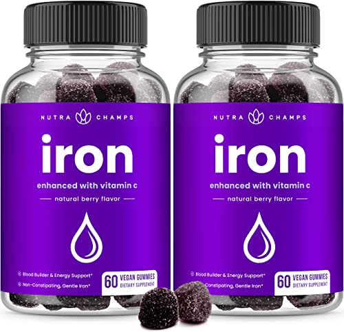 Iron Gummies with Vitamin C | 20mg Iron Gummies for Women, Men & Kids | 120 Blood Builder Iron Supplement Gummies | Vegan Iron Gummy for Iron Deficiency & Anemia | Energy, Focus, Immune Boost (2 Pack)