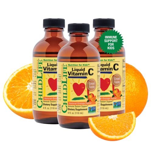 CHILDLIFE ESSENTIALS Liquid Vitamin C - Immune Support, Vitamin C Liquid, All-Natural, Gluten-Free, Allergen Free, Non-GMO, High in Antioxidants - Orange Flavor, 4 Ounce Bottle (Pack of 3)