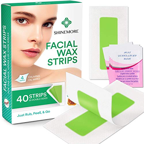 Facial Wax Strips by ShineMore - Facial Hair Removal For Women - Gentle and Fast-Working for Face, Eyebrow, Upper Lip, Chin - For All Skin Types (40 Wax Strips + 4 Calming Oil Wipes)