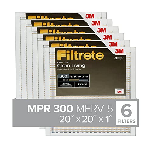 Filtrete 20x20x1 Air Filter MPR 300 MERV 5, Clean Living Basic Dust, 6-Pack (exact dimensions 19.69 x 19.69 x 0.81)