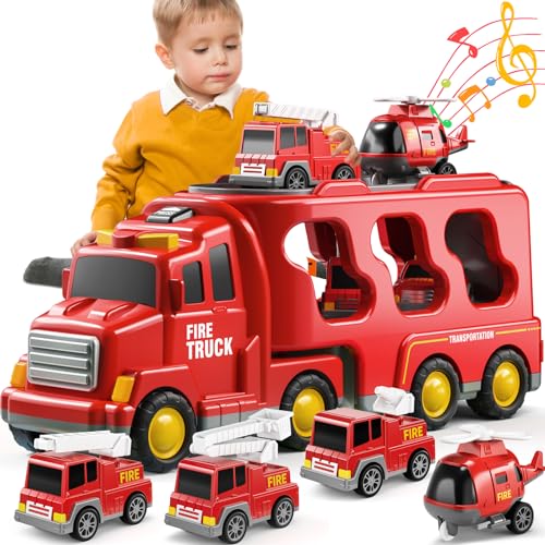 TEMI Toddler Fire Toys for 3 4 5 6 Years Old Boys Girls - 5 in 1 Carrier Truck Transport Cars for Toddlers 1-3, Friction Power Vehicles for Kids 3-5, Christmas Birthday Gifts for Boys Girls Age 3-9