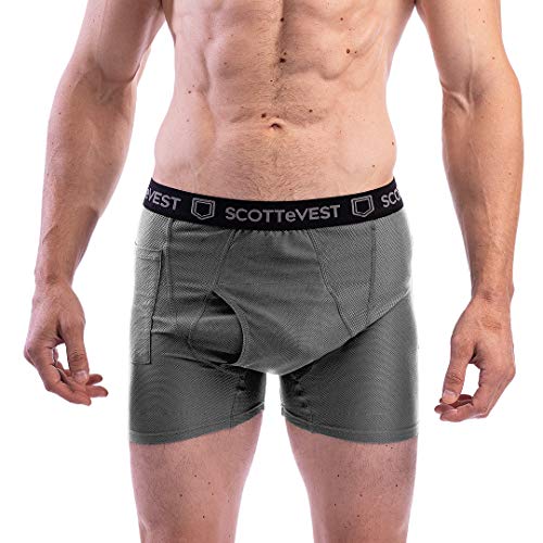 SCOTTeVEST Boxer Briefs for Men - 2 Hidden Pockets - Breathable Anti-Microbial Underwear for Travel & More (Gray, Medium)