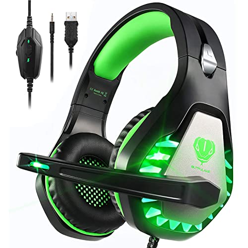 Pacrate Gaming Headset with Microphone for PC PS4 Headset Xbox One Headset Noise Cancelling Gaming Headphones for Switch PS5 Headset with LED Lights for Kids Adults Black Green