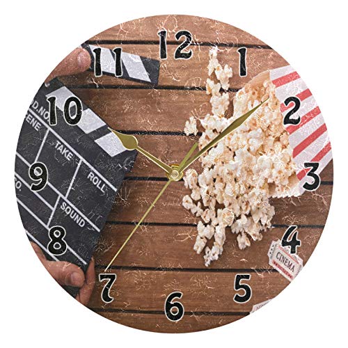 HMZXZ 9.5 Inch Wall Clock Music Cinema Clapperboard Popcorn Silent Non Ticking Round Clock for Home Living Room Kitchen Office School Decor