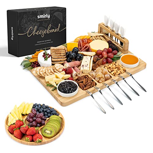 SMIRLY Bamboo Cheese Board and Knife Set: Large Charcuterie Boards Set, Cheese Tray Platter - Unique House Warming Gifts New Home (Without Stone Plate)