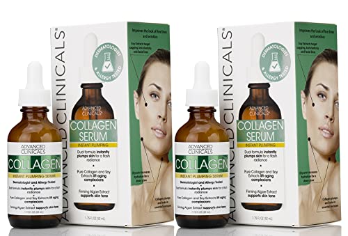 Advanced Clinicals Collagen Face Serum Skin Care Anti Aging Moisturizer For Skin Tightening, Brightening & Hydrating. Facial Collagen Peptide Booster Helps Smooth & Plump Dry Skin, 1.75 Fl Oz, 2-Pack