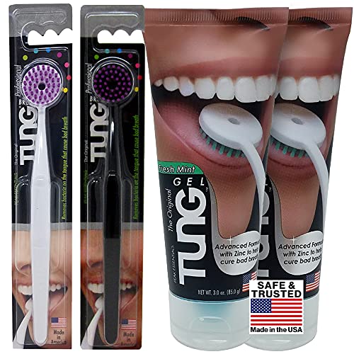 Peak Essentials | Tung Brush & Gel Kit | Tongue Cleaner for Adults | Tongue Scraper to Fight Bad Breath and Halitosis | Mouth Odor Eliminator | Fresh Mint | Made in America (Set of 2)