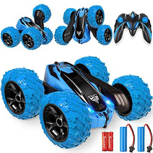 Remote Control car,2.4GHz Electric Race Stunt Car,Double Sided 360° Rolling Rotating Rotation, LED Headlights RC 4WD High Speed Off Road for 3 4 5 6 7 8-12 Year Old Boy Toys (Blue)