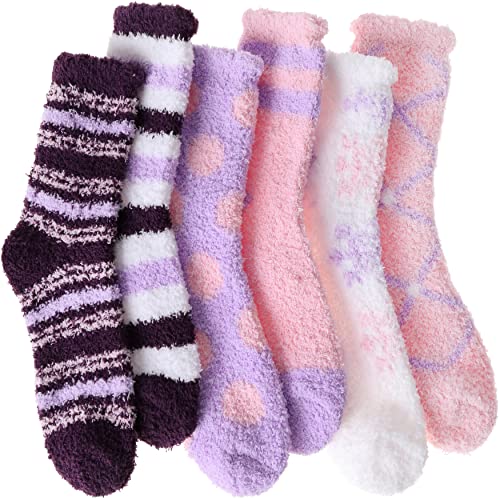 ANTSANG Womens Fuzzy Socks Fluffy Slipper Cozy Cabin Winter Soft Fleece Warm Comfy Thick Christmas Gift Valentines Socks (Mix Color Purple Pink(6 Pairs))