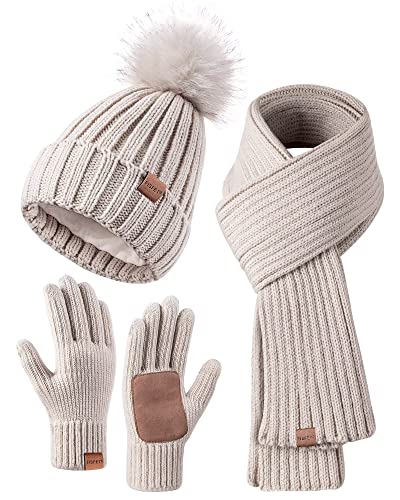 Winter Beanie Hat Scarf Gloves Set for Women, Winter Hats for Women Fleece Lined Warm Thermal, Womens Beanie with Pom Pom Long Scarf Neck Warmer Touchscreen Gloves 3 in 1 Cold Weather Set(Oatmeal)