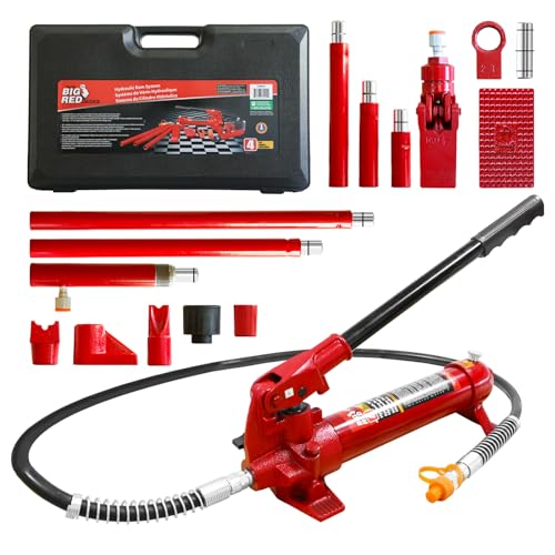 BIG RED 4 Ton Porta Power Kit, 17-Pcs Hydraulic Ram Auto Body Frame Repair Kit with Blow Mold Carrying Storage Case, 8000 Lbs Capacity,Red, T70401S-2, Torin