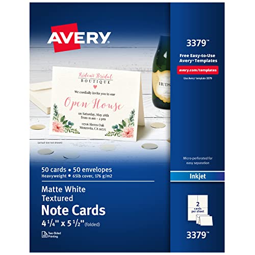Avery Printable Note Cards, Inkjet Printers, 50 Cards and Envelopes, 4.25 x 5.5, Heavyweight, Textured (3379)
