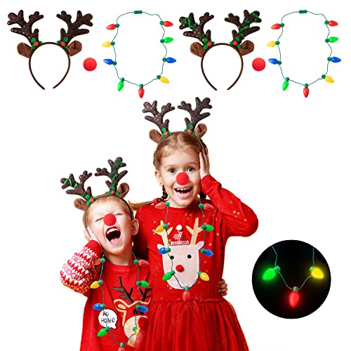 H1vojoxo 7PCS Christmas Reindeer Antlers Costume Accessories, Christmas Reindeer Headband for Christmas Party, Christmas Reindeer Costume Set With Antler Headband, Nose, LED Christmas Bulb Necklace