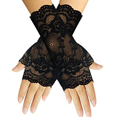 Women Short Lace Gloves Sunblock Fingerless Bridal Wrist Floral Gloves Opera Evening Party Wedding Tea Party Prom Cosplay 1920s Gloves for Ladies and Girls, Black (Black)