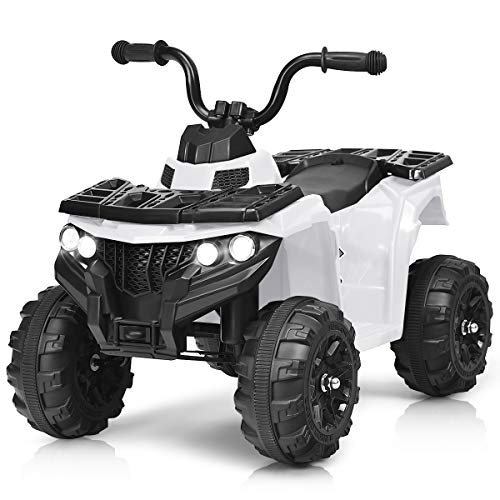 Costzon Ride on ATV, 6V Battery Powered Kids Electric Vehicle, 4 Wheeler Quad w/Headlights, MP3, USB, Volume Control, Large Seat, Electric Ride on Toys for Boys & Girls (White)