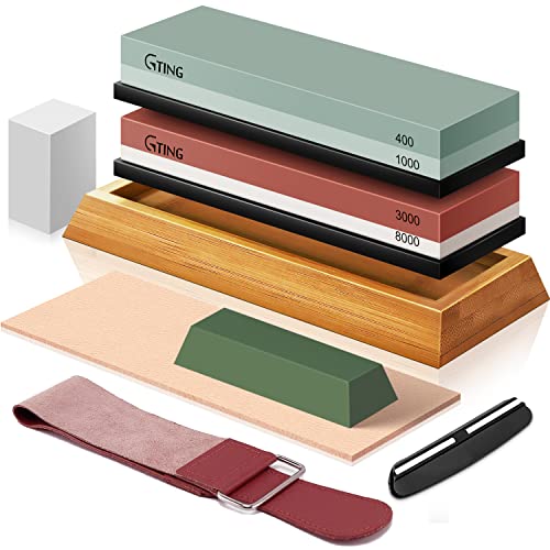 Knife Sharpening Stone Set, G-TING 400/1000 and 3000/8000 Grit Whetstone Knife Sharpener Kit with Leather Razor Strop, Leather Honing Strop, Polishing Compound, Bamboo Base and Flattening Stone