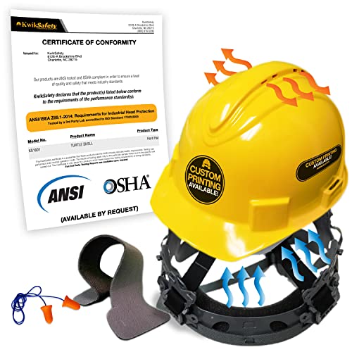 KwikSafety (Charlotte, NC) Turtle Shell Hard Hat 10 Vents (Free Sweatband & Earplugs) Type 1 Class C ANSI OSHA Standard Cap Style (One Size FITS Most) Construction Safety Helmet Lightweight | Yellow