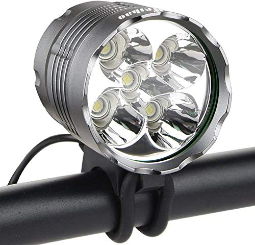 Weihao Bike Light, 6000 Lumen 5 LED Bicycle Headlight, Waterproof Mountain Bike Front Light Headlamp with 6400mAh Rechargeable Battery Pack, AC Charger