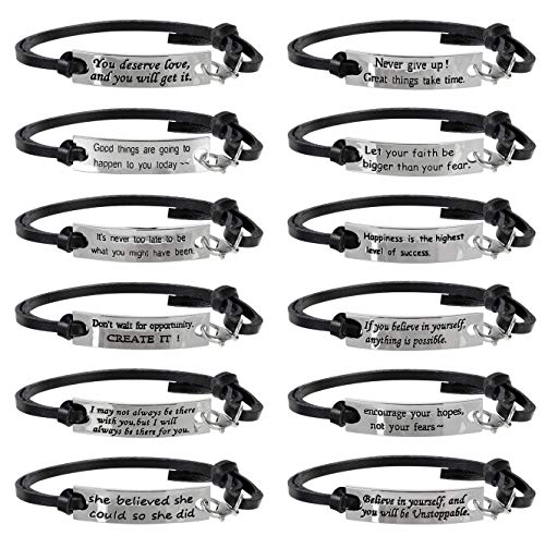 AleapDoll 12 Pcs Bulk Inspirational Gifts Leather Bracelets for Women Girls Motivational Quotes Message Words Encouragement Cuff Bangle Bracelet Friendship Gifts