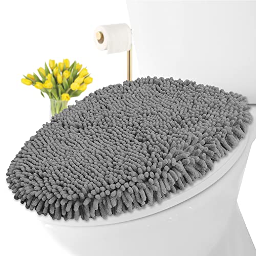 LuxUrux Soft Chenille Bathroom Toilet Lid Cover, Machine Washable Seat Covers, 18.5 x 18.5'', Stays in Place Rubber Backing, Fits Most Round, Elongated and Oblong Lids, Accessories Decor, Gray