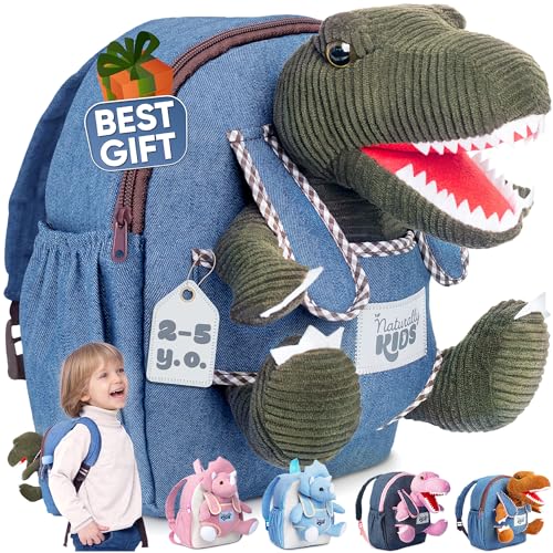 Naturally KIDS Toddler Backpack w Stuffed Animal Toy, Toddler Gifts for Boys Girls, Small Backpack, Green Dinosaur Toys