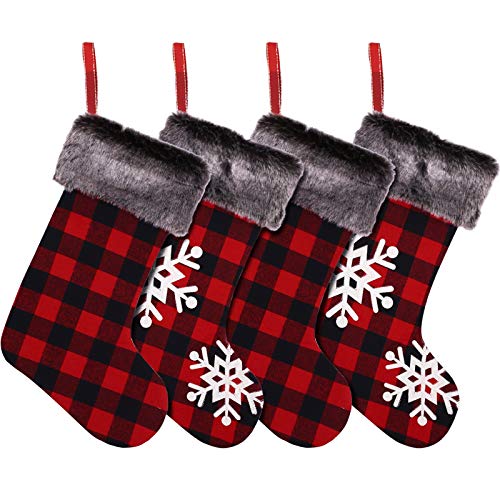 Aneco 4 Pack 20 Inches Christmas Stockings Red and Black Buffalo Plaid Stockings with Embroidery Snowflake and Plush Faux Fur Cuff Stockings for Christmas Holiday Party Decorations