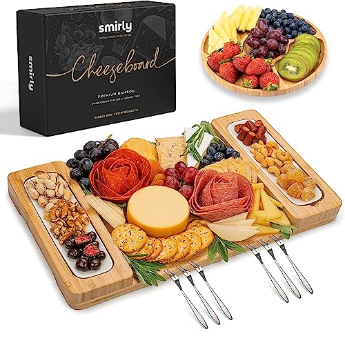 SMIRLY Bamboo Cheese Board Set - Large Wooden Charcuterie Boards - Unique Housewarming Gift - Appetizer & Cheese Platter, Meat and Cheese Tray, Wood Serving Board