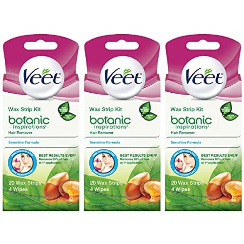 Hair Removal Wax Strips- VEET Botanic Inspirations Easy- Gelwax Technology, Sensitive Formula Hair Remover Wax Strip Kit with Argan Oil, 20 wax strips with 4 wipes (Pack of 3)