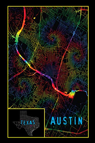 Map of Austin Texas Tie Dye Colors Psychedelic Trippy Hippie Decor UV Light Reactive Black Light Eco Blacklight Poster for Room