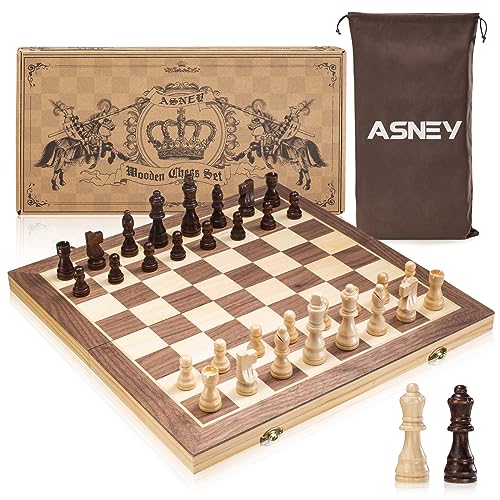 ASNEY Upgraded Magnetic Chess Set, 15' Tournament Staunton Wooden Chess Board Game Set with Crafted Chesspiece & Storage Slots for Kids Adult, Includes Extra Queens & Carry Bag
