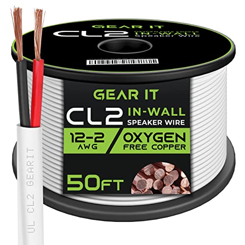 GearIT 12/2 Speaker Wire (50 Feet) 12AWG Gauge - in Wall Audio Speaker Wire Cable / CL2 Rated / 2 Conductors - OFC Oxygen-Free Copper, White 50ft