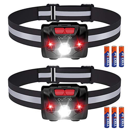 outlite 2 Pack LED Headlamp Flashlight with AAA Battery, Reflective Strip Head Lamp with Dual Switch for Red Light & White Light, Waterproof Head Lamp for Running, Camping, Hiking, Climbing, Fishing