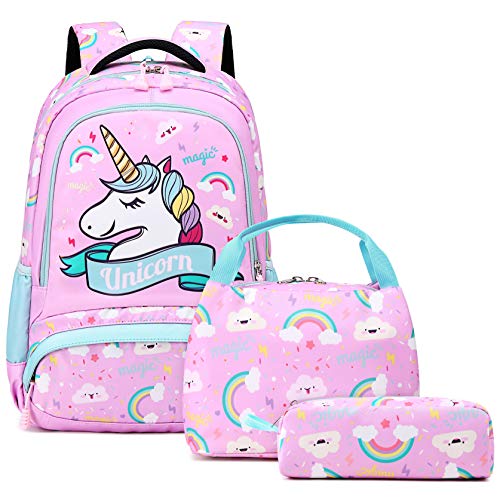 Unicorn Girls School Backpack Set - 3 Pcs Teens Lightweight Bookbags with Lunch Bag Pencil Case for Kindergarten Elementary Kids Pink
