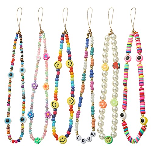 Taouzi 6PCS Beaded Phone Lanyard Face Charm Fruit Star Pearl Rainbow Color Chain Wrist Strap for Women Girls