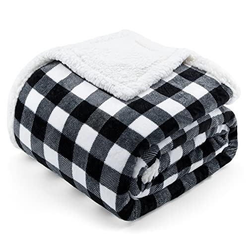 BEAUTEX Sherpa Fleece Flannel Throw Blanket, Super Soft Warm Buffalo Plaid Plush Blankets and Throws, Lightweight Cozy Fuzzy Blanket for Couch Sofa Bed (Black, Throw 50' x 60')