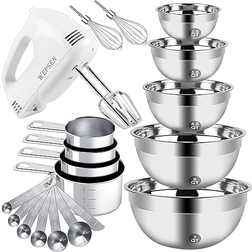 Hand Mixer Electric Mixing Bowls Set, 5 Speeds Handheld Mixer with 5 Nesting Stainless Steel Mixing Bowl, Measuring Cups and Spoons 200 Watt Kitchen Blender Whisk Beater Baking Supplies For Beginner