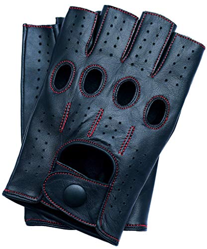 Riparo Motorsports Men's Fingerless Half Finger Driving Fitness Motorcycle Cycling Unlined Leather Gloves (Medium, Black/Red Thread)