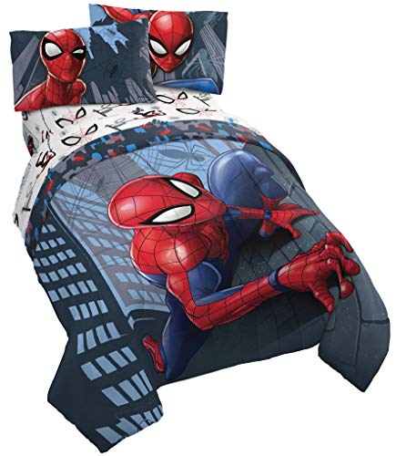 Jay Franco Marvel Spiderman Crawl 4 Piece Twin Bed Set - Includes Reversible Comforter & Sheet Set Bedding - Fade Resistant Microfiber - (Official Marvel Product), Multi - Spiderman