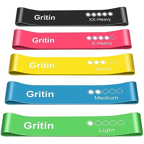 Resistance Bands,Gritin Exercise Bands Loop Bands with Instruction Guide and Carry Bag - Pack of 5 Different Resistance Levels Elastic Bands for Working Out, Exercise,Gym,Training,Yoga