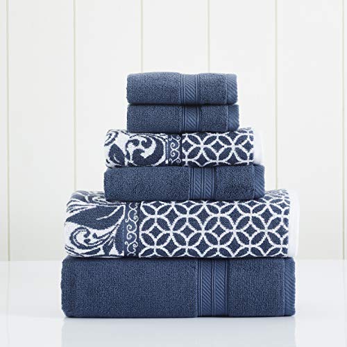 Modern Threads Trefoil Filigree 6-Piece Reversible Yarn Dyed Jacquard Towel Set - Bath Towels, Hand Towels, & Washcloths - Super Absorbent & Quick Dry - 100% Combed Cotton