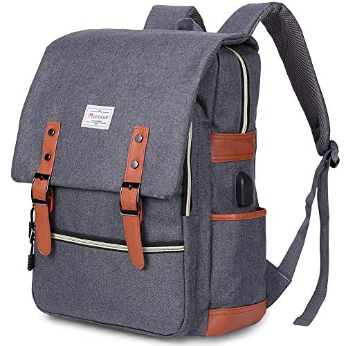 Modoker Vintage Laptop Backpack for Women Men,School College Backpack with USB Charging Port Fashion Backpack Fits 15.6Inch Notebook, Grey