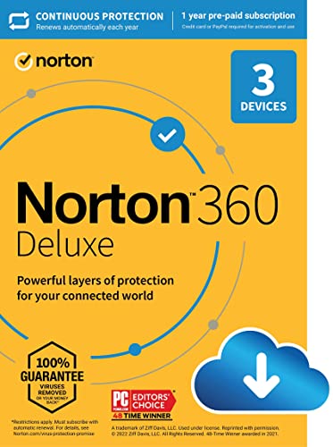 Norton 360 Deluxe 2023, Antivirus software for 3 Devices with Auto Renewal - Includes VPN, PC Cloud Backup & Dark Web Monitoring [Download]