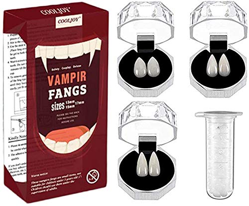 COOLJOY 3 Sizes Vampire Fangs Teeth with Adhesive Halloween Party Cosplay Props White Horror False Teeth Props Party Favors Masquerade Accessories Gift
