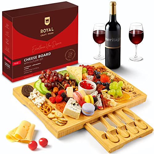 Unique Bamboo Cheese Board, Charcuterie Platter & Serving Tray Including 4 Stainless Steel Knife & Thick Wooden Server - Fancy House Warming Gift & Perfect Choice for Gourmets (Bamboo)