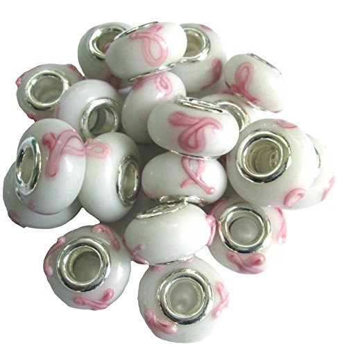 20 Pink Ribbon Large Hole Glass European Beads Breast Cancer Awareness