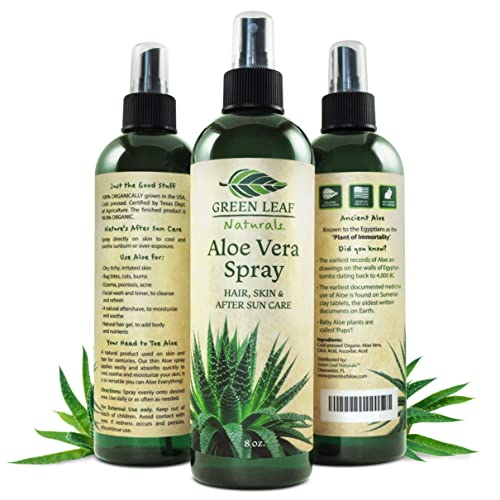 Green Leaf Naturals Aloe Vera Spray for Hair, Skin, Face, After Sun Care and Sunburn Relief |8 oz|Cold pressed - 99.8% Aloe Vera| Organic 100% Pure and Natural Skin Care Moisturizer - Unscented