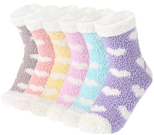 Plush Slipper Socks Women - Colorful Warm Fuzzy Crew Socks Cozy Soft 6 Pairs for Winter Indoor (Heart-shaped Pattern)