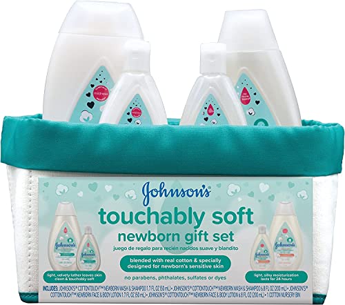 Johnson's Touchably Soft Newborn Baby Gift Set for New Parents, Baby Bath & Skincare Essentials for Newborn Skin, Hypoallergenic, Free of Paraben, Sulfates, and Dyes, 5 Items