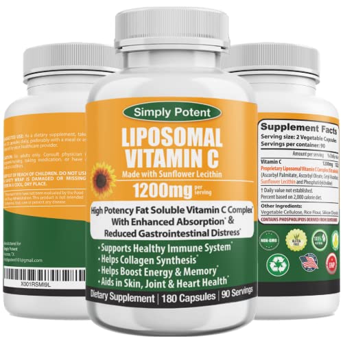 Liposomal Vitamin C 1200mg, 180 VIT C Capsules, Stronger Supplement Than Liposomal Vitamin C 1000mg or Vitamin C 500mg, High Dose Ascorbic Acid Vitamin C Antioxidant for Collagen Immune Support Heart